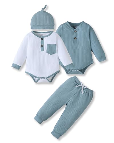 Image of NZRVAWS Newborn Baby Boy Clothes Long Sleeve Romper Pant Set Hat 2-Pack Infant Baby Boy Outfits Fall Winter Clothing Set