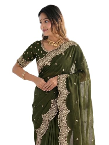 Image of SIRIL Women's Shimmer Georgette Scalloped Border Sequins Embroidery Saree with Unstitched Blouse Piece