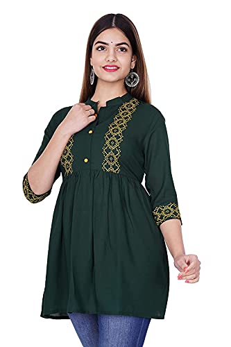 Image of Shiva Fab Short Kurti for Women | Embroidered Straight Rayon Kurta | Round Neck Full Sleeves Short Kurti for Women's