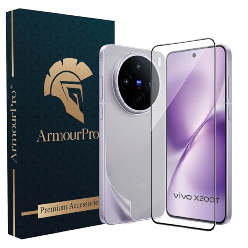 Image of ArmourPro Tempered Glass for Vivo X200T with Back Clear Membrane Guard, Edge to Edge Screen Protector, Anti-Bubble, Anti-Fingerprint, Oil Resistant, Installation Kit | Black