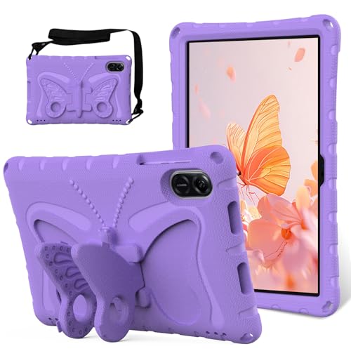 Kids Protective Case Compatible with Honor Pad X8a 2024/Pad X9 11 inch 2024,Butterfly Design Lightweight EVA Shockproof Cover with Handle, Stand & Detachable Shoulder Strap (Purple)