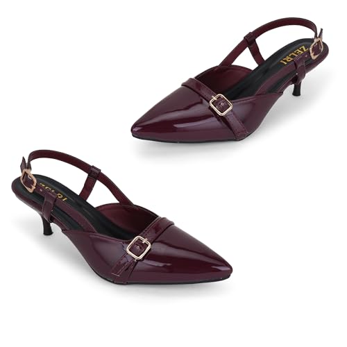 Image of Women's Pointed Toe Kitten Heels, Elegant Glossy Patent Leather Slingback Pumps with Adjustable Buckle Strap, 2-Inch Pencil Heel Sandals