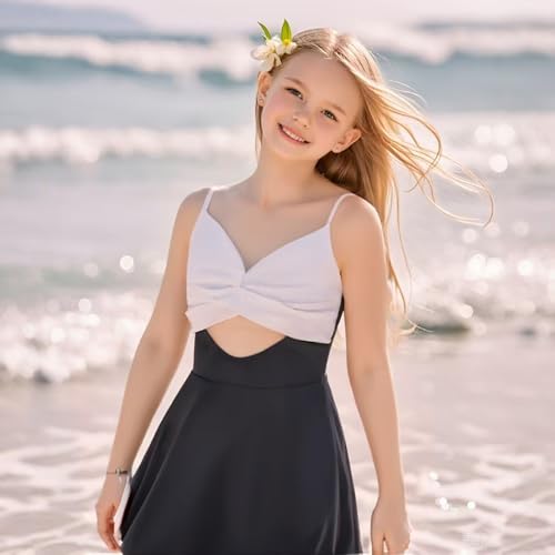 Girl Swimsuit One Piece Skirt Girls Black Swimsuit V Neck Adjustable Straps Tummy Control Girls' Swimwear 6-14 Yizuoding0012