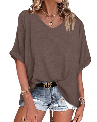 WNEEDU Oversized T-Shirt Dames Zomer V Hals Top Dames Korte Mouw Tops Zomer Blouse Shirt Los Licht en Luchtig