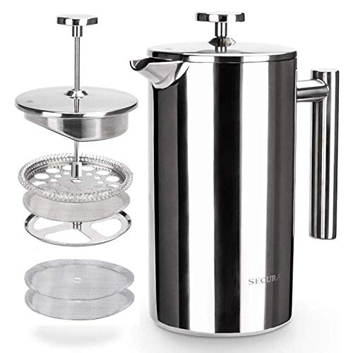 Image of Secura French Press Coffee Maker, 304 Grade Stainless Steel Insulated Coffee Press with 2 Extra Screens, 34oz (1 Litre), Silver