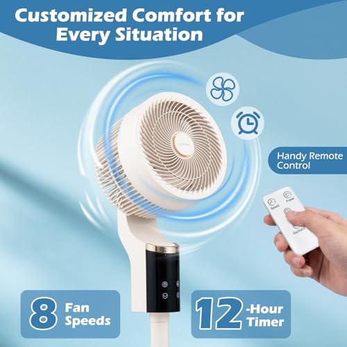 COSTWAY Pedestal Fan for Bedroom, Compact Oscillating Standing Fan with 70° Oscillation, 90° Tilt, 3 Adjustable Heights, 8 Speeds, 12H Timer & Remote, Quiet Table Fan for Home Office (White)