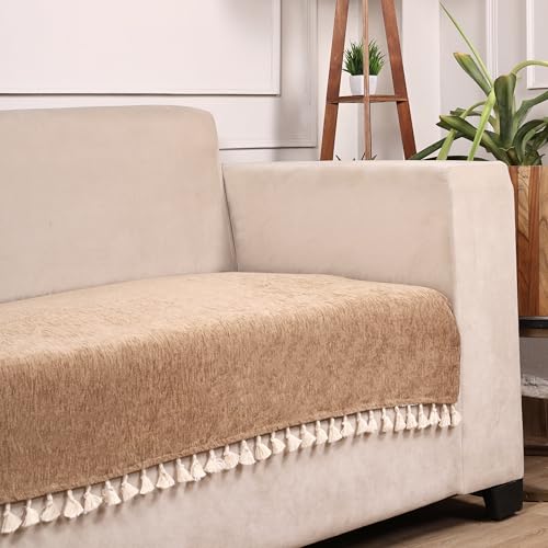 Image of STITCHNEST Beige Chenille Sofa Cover 48x30 Inch - Soft, Durable & Textured Fabric with Tassels | Sofa for Living Room, Bedroom, or Drawing Room