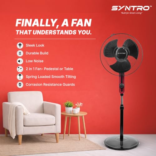 Image of Syntro Aeromax 400 MM High Speed Pedestal Fan for Home and Office - 2-in-1 Convertible Table Fan, Powerful Air Delivery, Aerodynamic Blades, Black Maroon Finish