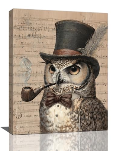 Owl Pictures Wall Art, Steampunk Owl Canvas Wall Decor, Rustic Framed Painting, Natural Landscape Ar