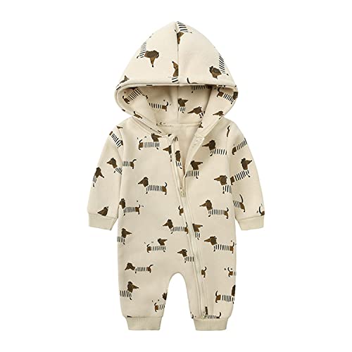 Alunsito Langarm-Hoodie-Strampler für Babys Mädchen Jungen langärmelig Cartoon-Druck Fleece-Overall Kapuzenoverall süße warme Kleidung 80 Khaki 9–12 Monate