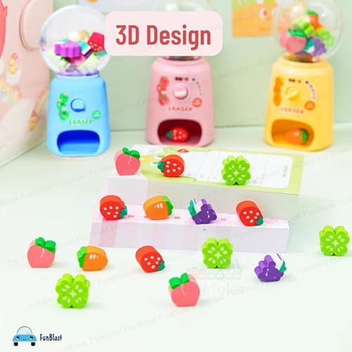 Image of FunBlast Machine Eraser Set - 15 Pcs Fruit Shaped Eraser Dispenser Toy, Mini Kawaii Erasers for Kids, Fancy Erasers for School & Office, Stationery Supplies, Birthday Return Gift for Kids (Blue)