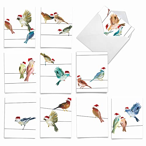 Image of The Best Card Company - 10 Holiday Note Cards for Christmas - Festive Bulk Assortment, Boxed Notecards with Envelopes (4 x 5.12 Inch) - Holiday High Wire Birds M3318XSG