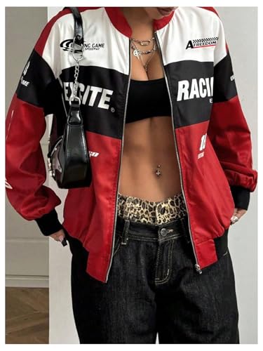 GORGLITTER Women's Racing Bomber Jacket Y2k Vintage Graphic Zip Up Lightweight Jackets Color Block Varsity Coats Streetwear2