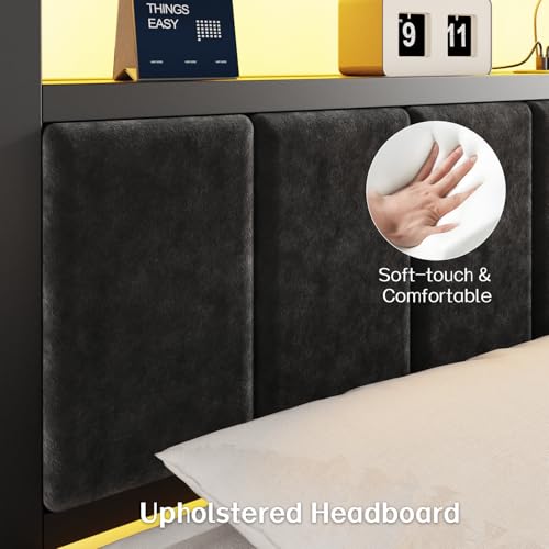 Image of OLEVS Queen Size Bed Frame with LED Lights & Charging Station, Modern Platform Bed with 2-Tier Storage Headboard, No Box Spring Needed, Noise Free