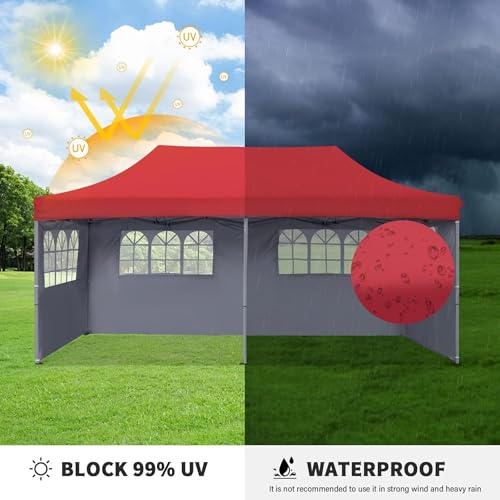 Image of 10x20ft / 3x6m Pop up Outdoor Canopy Tent | Portable Shade Instant Folding Gazebo Tent | Heavy Duty Gazebo Canopy Shelter 2 Mins Installation | 40Kgs (Red with 3 Window Side Walls)