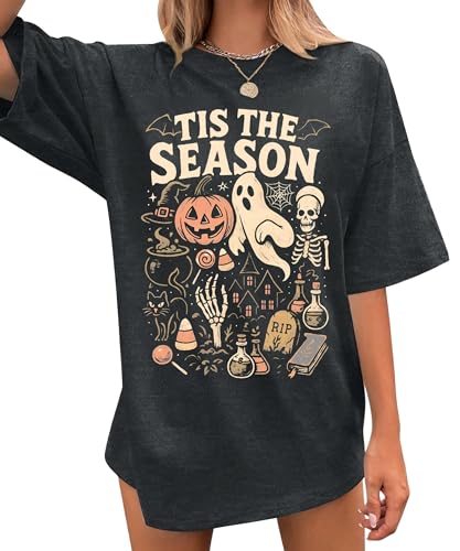 Halloween Oversized Shirts for Women Spooky Season Short Sleeve T Shirt Halloween Pumpkin Ghost Fall Tee Top