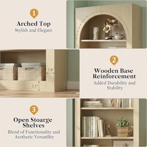 Image of 71 inch Arched Bookcase, 5-Tier Reversible Farmhouse Shelf | Reversible arch. 5 shelves. 50 lb per shelf. 11.81 inchD x 29.5 inchW x 71 inchH. Light brown finish.