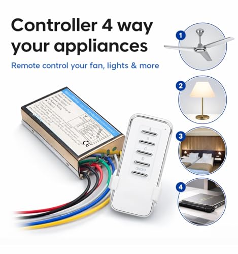 Image of ROBOWAY 433MHz RF 4 Channel Remote Control Switch | AC 220-240V Wireless Receiver | 5 Button White Remote | Metal Body Relay Controller for Lights & Home Automation