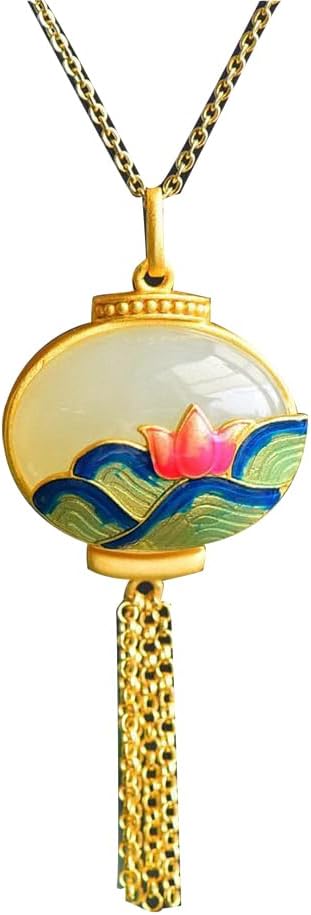 S925 Silver Gold-Plated with Natural White Jade Lantern Burnt Blue Tassel Necklace Pendant (Free Chain) for Women Yoga Genuine