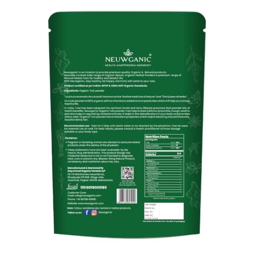 Image of Organic Tulsi Powder - Holy Basil Powder - India Organic and Usda Certified - Ideal for Making Kadha, Tea & Chutney - 200 Gm Pack of 3
