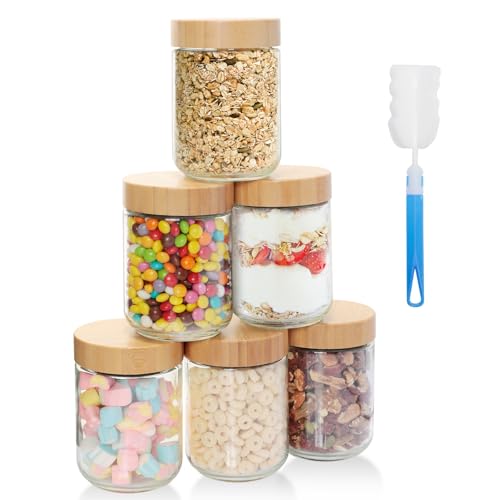 AiQInu 6 Pack Overnight Oats Jar 16oz/480ml, Vasos Yogurtera con Tapa, Herméticos, Aptos Lavavajillas, Tarros de Cristal con tapa para Batido, Mermelada, Especias, Preparación de Comidas