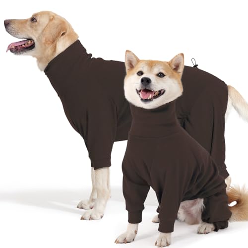 Hjyokuso Hundemantel Winter, Warmer Fleece Hundepullover mit Beinen, Weiche Vierbeinige Hundejacke für Kleine & Mittelgroße Hunde, Hundebademantel Fleece Hunde Pyjama Bekleidung Braun XL