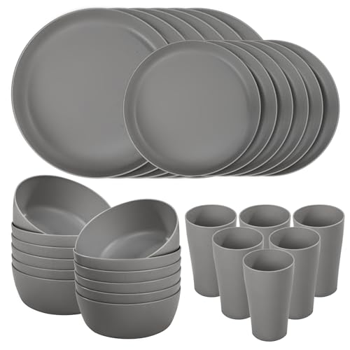 EI 24pcs Wheat Straw Dinnerware Set,Dark Grey Plates and Bowls Sets,Unbreakable Dinner Plates,Reuasble Plastic Plate,Microwave Dishwasher Safe for Camping,Picninc,Family Dinner