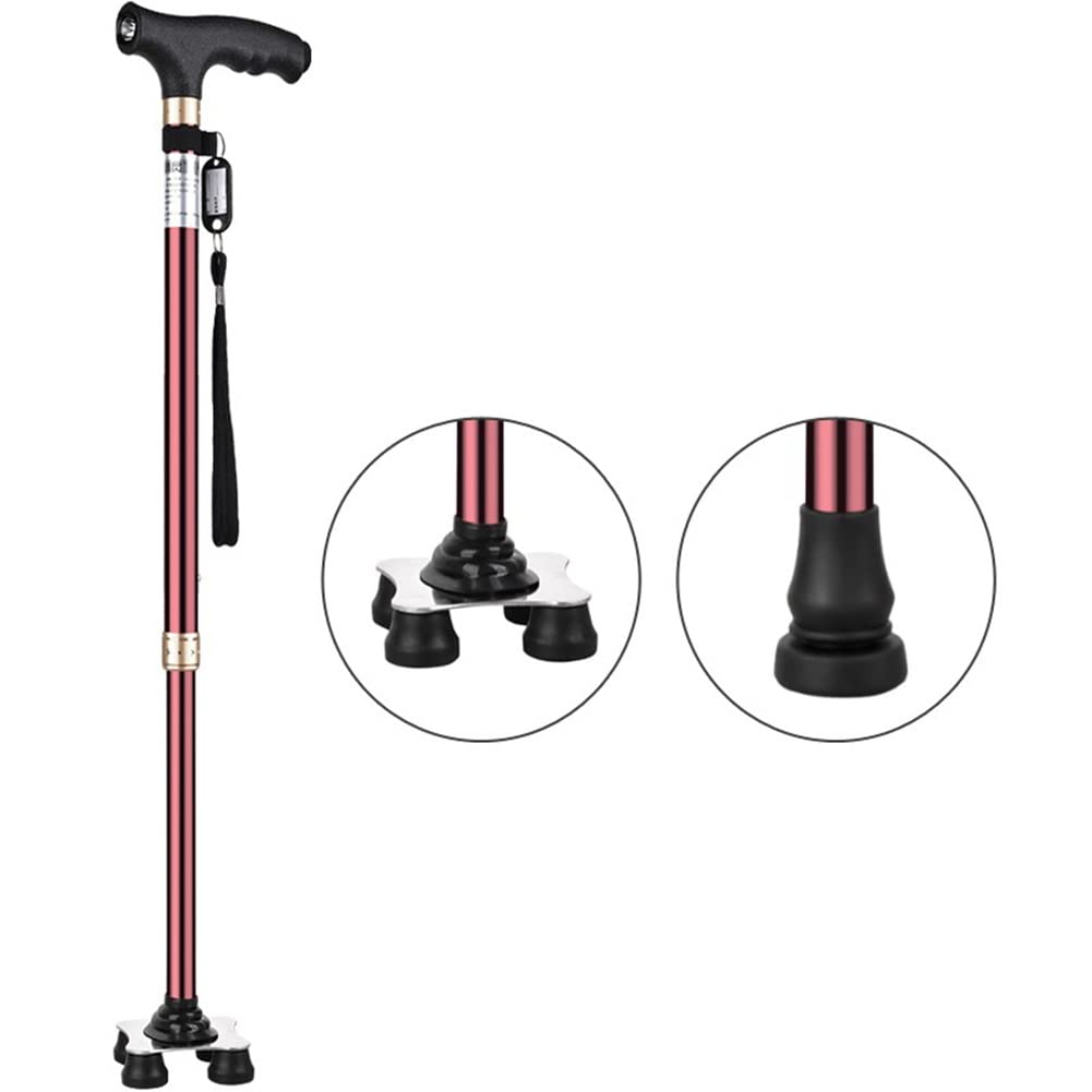 Bastón cuádruple para Hombres y Mujeres, bastón de Aluminio Ligero con 4 Patas, muletas telescópicas para Adultos Mayores, con luz LED/Correa para la muñeca, Rojo Vino