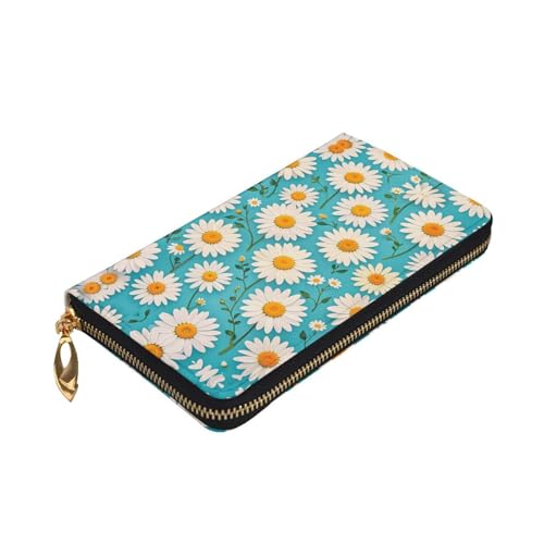 Women's Long Cash Wallet, PU Leather Elegant Clutch Change Purses with Zipper, Travel, Gifts (White Daisy Print)3