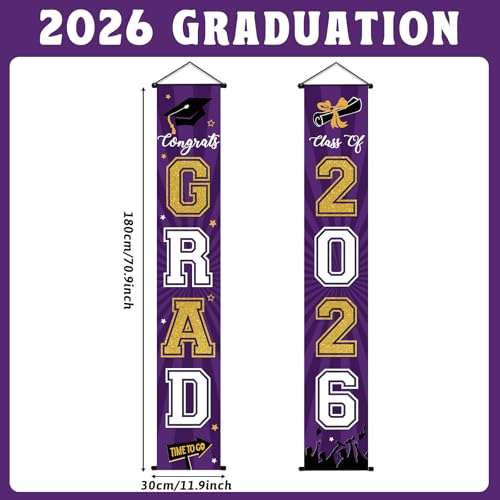 Image of Graduation Banner 2026 Graduation Decorations Purple and Gold Grad Banner Porch Sign Class of 2026 Door Decor Congrats Hanging Backdrop Gold Grad Party Decor for School Congratulations Supplies