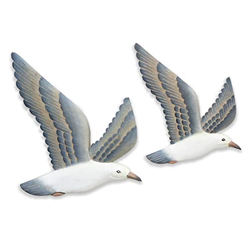 Hand-carved Wood Flying Seagull Wall Décor Set of 2 | Coastal Nautical Rustic Beach Wall Art 2 Pieces