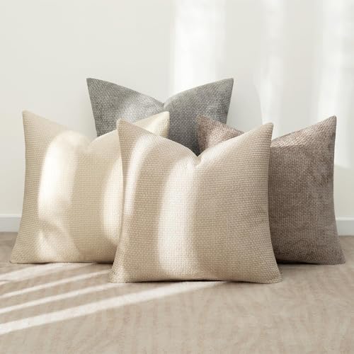Image of MIULEE Pack of 4 Couch Throw Pillow Covers 22x22 Inch Neutral Beige /Brown Soft Decorative Chenille Pillow Covers Farmhouse Accent Cushion Covers for Boho Spring Home Decor Sofa Bedroom Living Room