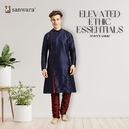 Image of Sanwara Sanwara Men Deep Blue Solid Pattern Straight Kurta