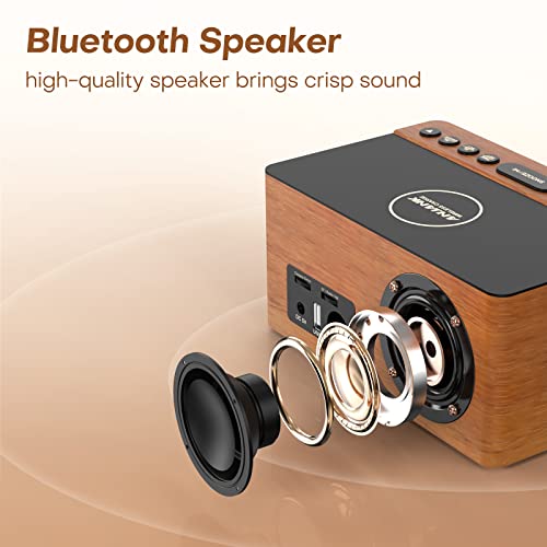 ANJANK Wooden Bluetooth Speaker, Alarm Clock with FM Radio, Qi Certified Fast Wireless Charging Station for iPhone/Samsung, USB Charger Port, Dimmable Display, Digital Wood Clock for Bedroom, Bedside - Image 3