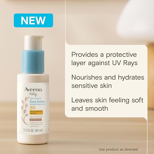 Image of Aveeno Baby Daily Moisture Face Lotion SPF 30, 1.5 fl. oz | Oat Enriched Face Moisturizer with Mineral Sunscreen, Broad-Spectrum Sun Protection for Sensitive Skin, Hypoallergenic