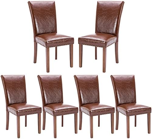 COLAMY Upholstered Parsons Dining Chairs Set of 6, PU Leather Dining Room Kitchen Side Chair with Nailhead Trim and Wood Legs - Light Brown