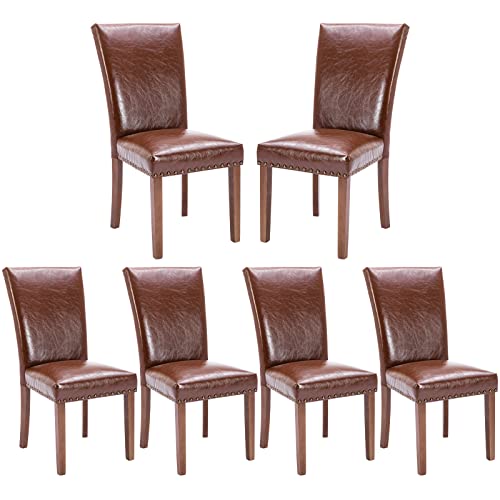 Colamy Upholstered Parsons Dining Chairs Set Of 6, Pu Leather Dining Room Kitchen Side Chair With Nailhead Trim And Wood Legs - Light Brown #TOP2