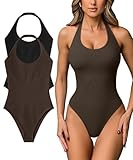 OQQ Women Halter Neck Bodysuits 2 Pack Sleeveless Shapewear One Piece Leotard Shirt Going Out Tops Black Darkbrown
