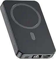 Carregador Portátil (Power Bank) Magnético sem fio por indução Carregamento Rápido de 10000mAH Compatível com Celulares com Suporte Dobrável e Duas Saídas de Cabo (Iphone e USB-C) (Preto)