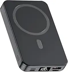 Carregador Portátil (Power Bank) Magnético sem fio por indução Carregamento Rápido de 10000mAH Compatível com Celulares com Suporte Dobrável e Duas Saídas de Cabo (Iphone e USB-C) (Preto)