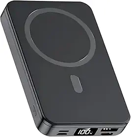 Carregador Portátil (Power Bank) Magnético sem fio por indução Carregamento Rápido de 10000mAH Compatível com Celulares com Suporte Dobrável e Duas Saídas de Cabo (Iphone e USB-C) (Preto)