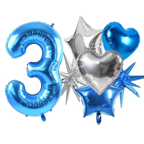 Image of TONIFUL 3rd Birthday Balloons Kit 40 Inch Blue Large Number 3 Foil Balloon | with 18Inch Helium Mylar Heart Star Shaped Balloons for Boy Men Birthday Anniversary Graduation New Year Eve Party Decoration