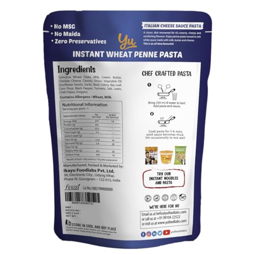 Image of Yu Foodlabs Italian Cheese Sauce Pasta - No Maida - No Msg - Zero Preservatives - Instant Penne Pasta With Sauce - Ready To Eat Pasta In 5 Mins - 65 gram - Yu (Pack of 3)