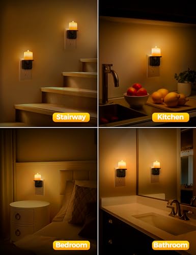 Image of Briignite Flameless Candle Night Lights, Amber Plug-in 2 Pack, LED Candle with Light Sensor, 0-100LM Dimmable, Kids Hallway Bathroom Nightlight