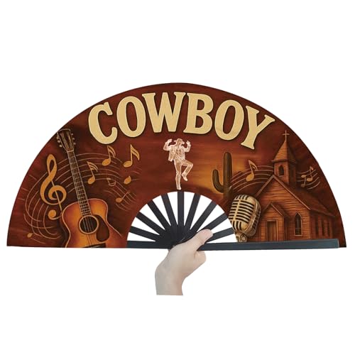 Image of Cowboy Fans for Line Dancing, 13inch Large Hand-held Flat Fan Western Style Popping Fan for Party, Festival, Club, Dancing