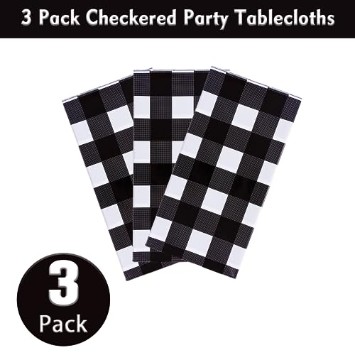Image of Kesfey 3 Packs Black Gingham Tablecloths 54 x 108 inch Black and White Checkered Tablecloth Disposable Plastic Plaid Picnic Tablecover Waterproof Fall Checkered Table Cloth for Camping Halloween Party
