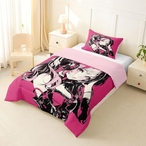 Image of Erosebridal Pink Anime Girls Bedding Cartoon Japanes-Style Comforter Set Twin, Graffiti Street Culture Bed Comforter Set for Kids Teens Youth Watercolor Hippie Style Duvet Set 2Pcs