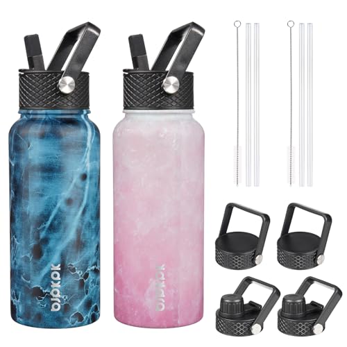 Image of BJPKPK 2 Pack 32oz Insulated Water Bottles with Straw Lids, Stainless Steel