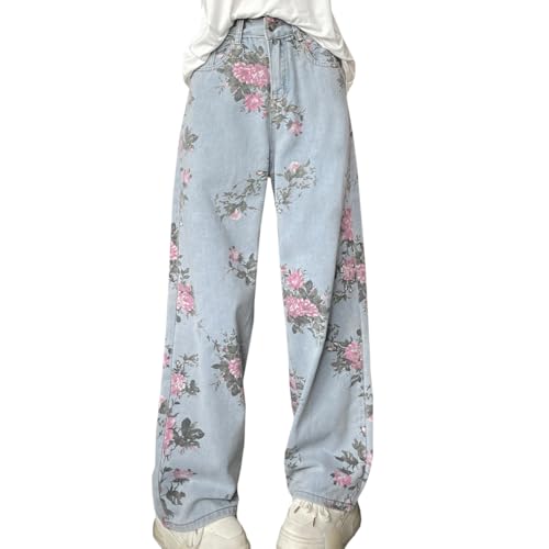 Casual Y2K Straight Leg High Waisted Jeans for Women Fashion Simplicity Cute Floral Printed Denim Pants