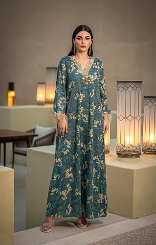 Elegant 1PC Abayas Dress for Women, Long Sleeve Floral V-Neck Feather Cuffs Muslim Dresses for Women Ideal for Casual wear4